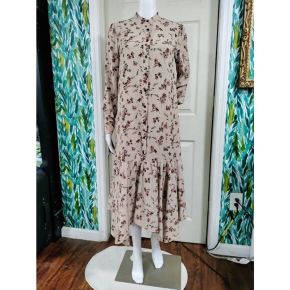 Begonia Puff Long Sleeve High Neck  Floral Print Hi-Low Dress Beige Womens Small - Picture 2 of 15